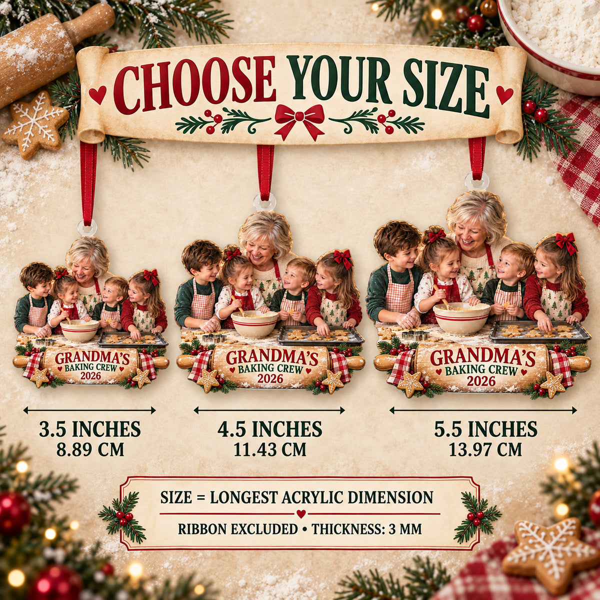 Custom Photo Grandma Baking Crew Acrylic Ornament — Size guide