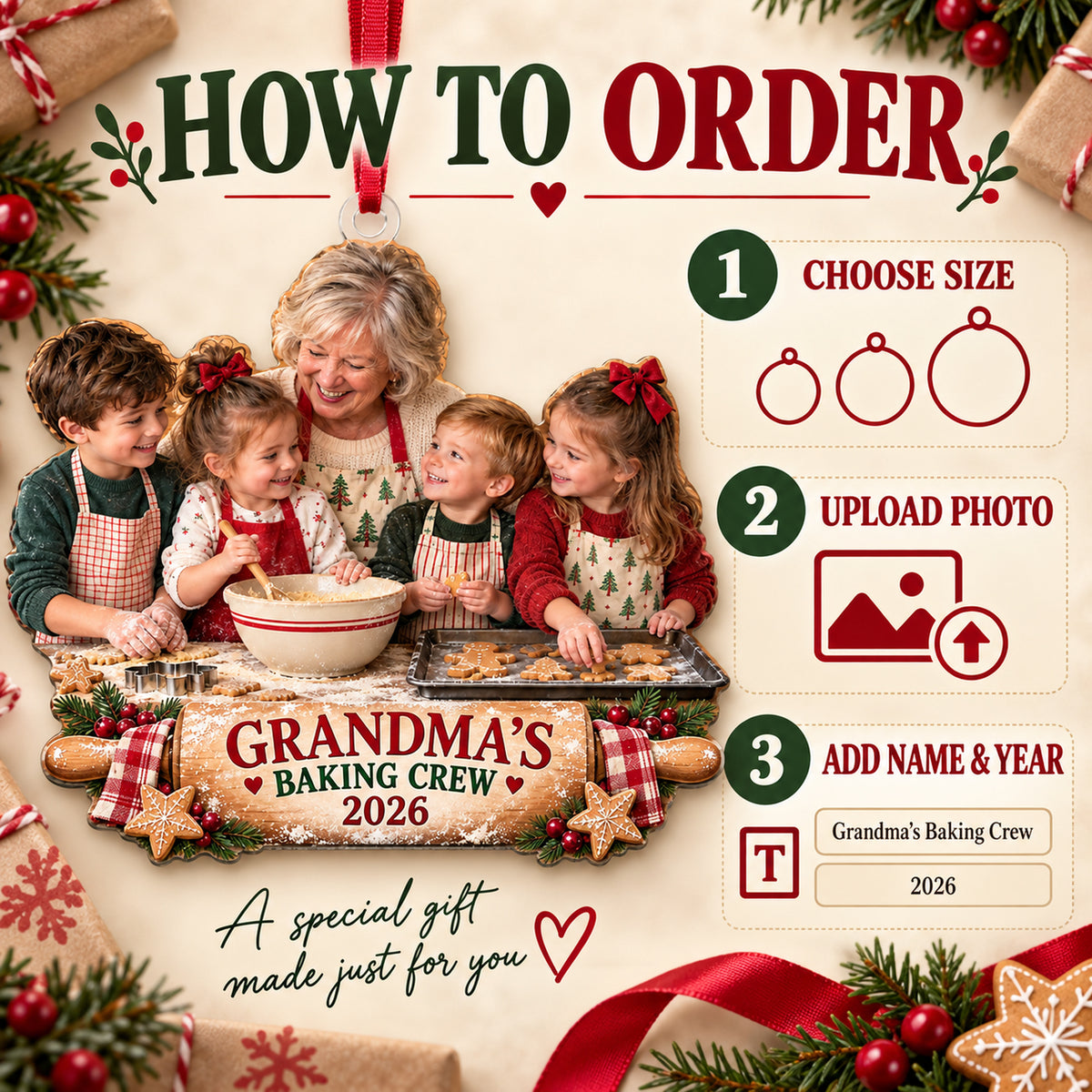 Custom Photo Grandma Baking Crew Acrylic Ornament — How to order