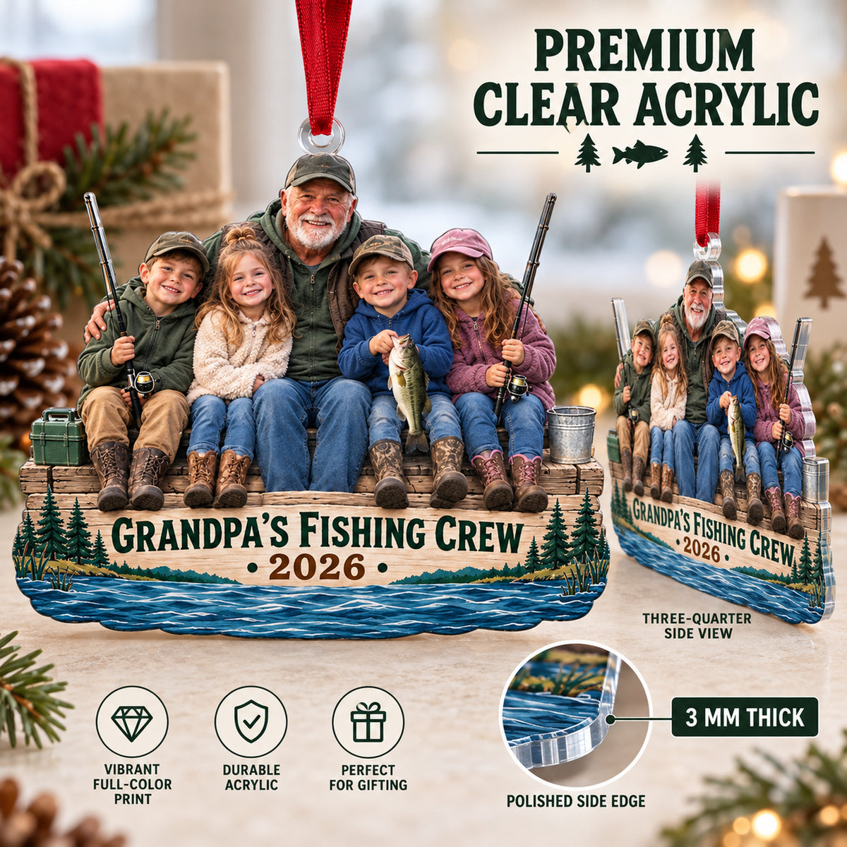 Custom Photo Grandpa Fishing Crew Acrylic Ornament — Flat acrylic material