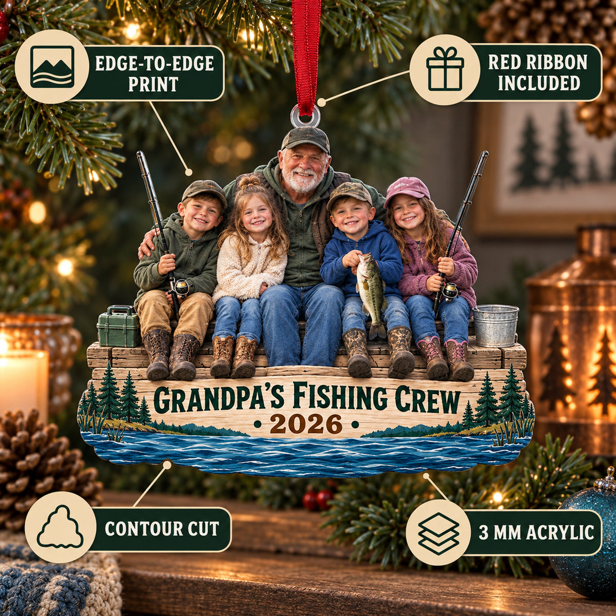 Custom Photo Grandpa Fishing Crew Acrylic Ornament — Product details