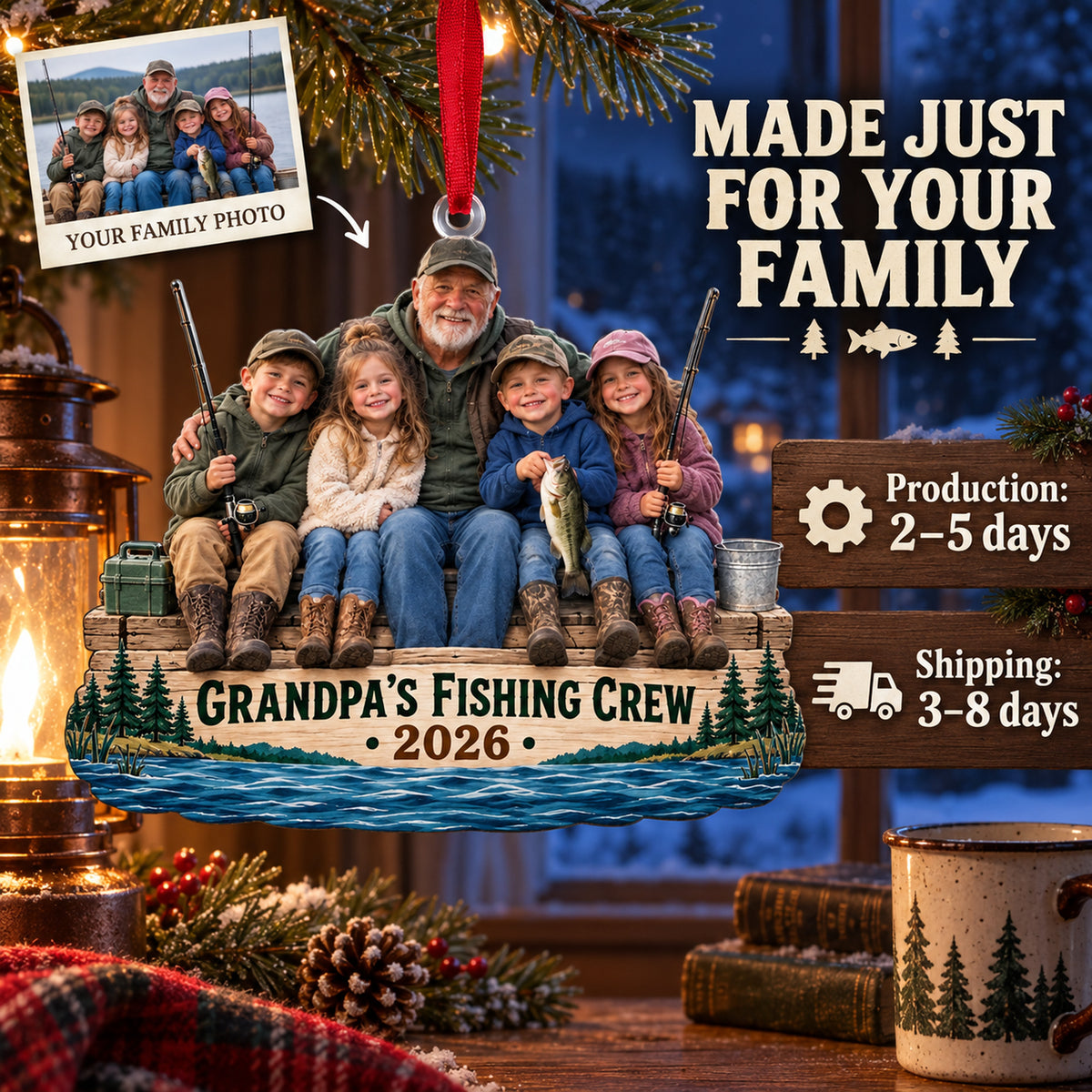 Custom Photo Grandpa Fishing Crew Acrylic Ornament — Production and delivery