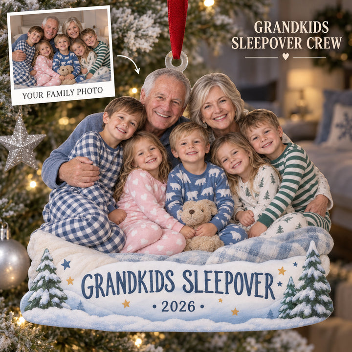 Custom Photo Grandkids Sleepover Pajamas Acrylic Ornament — Main design