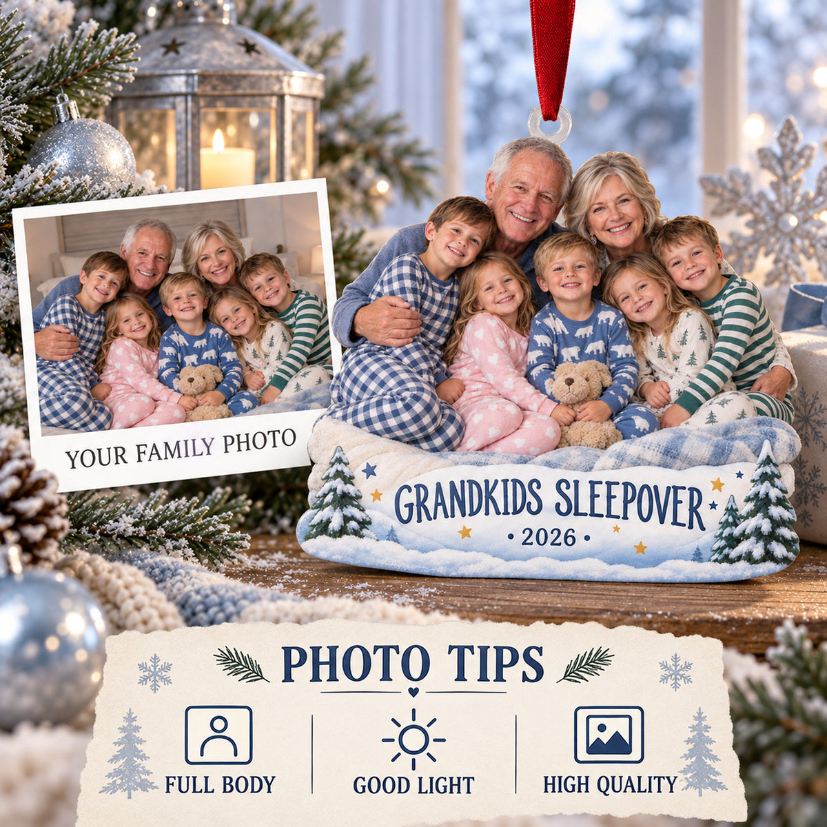 Custom Photo Grandkids Sleepover Pajamas Acrylic Ornament — Personalization guide