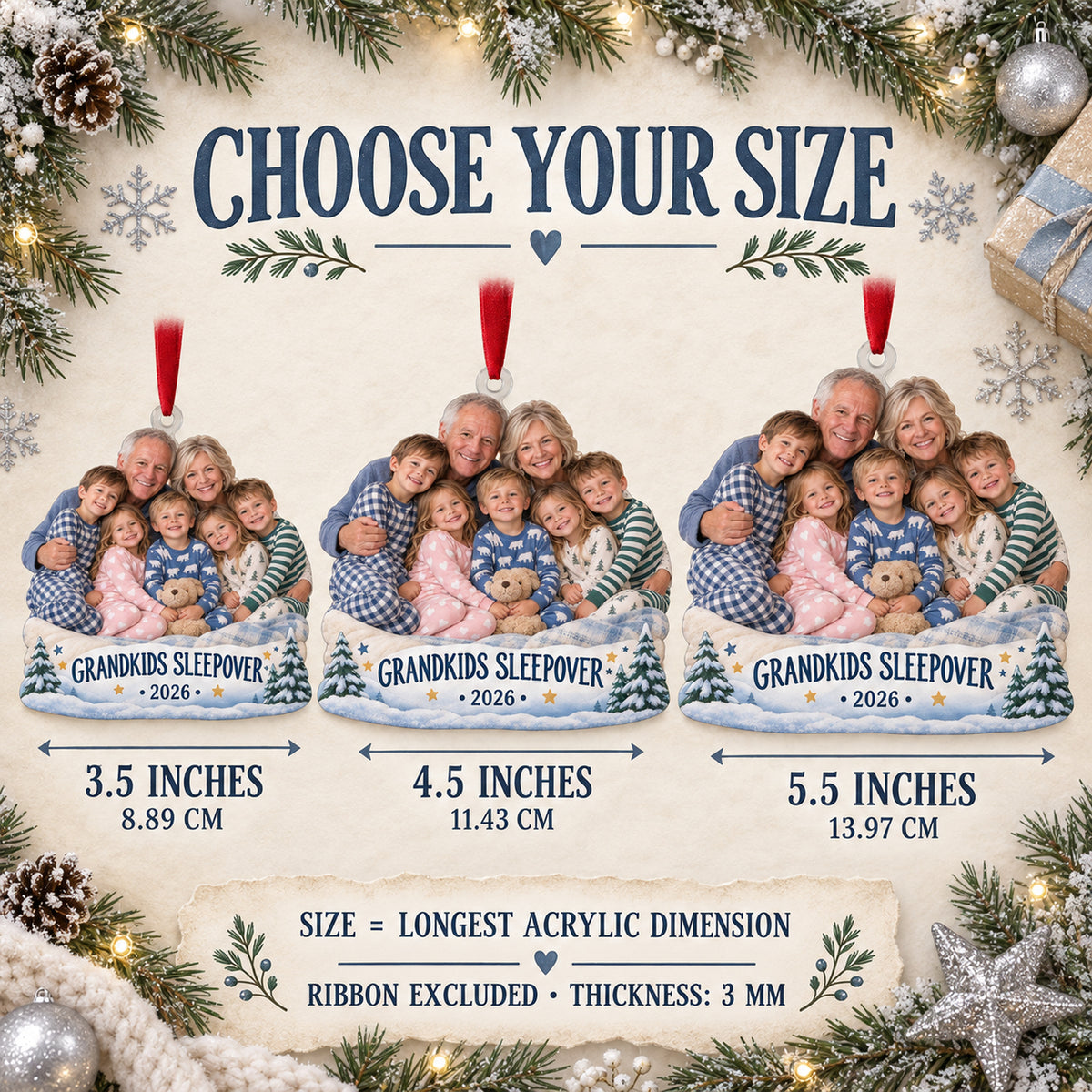 Custom Photo Grandkids Sleepover Pajamas Acrylic Ornament — Size guide