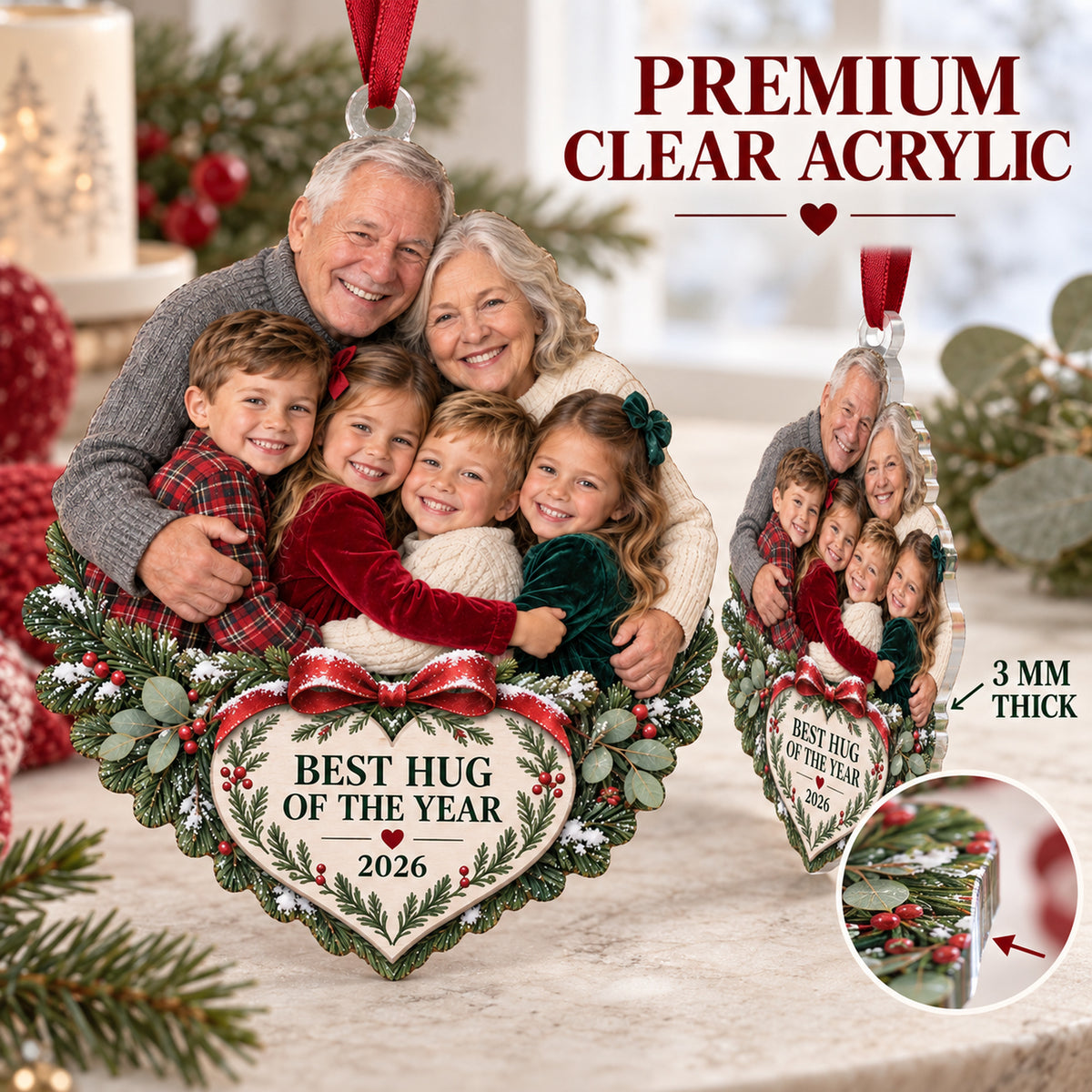 Custom Photo Holiday Hug Pile Acrylic Ornament — Flat acrylic material