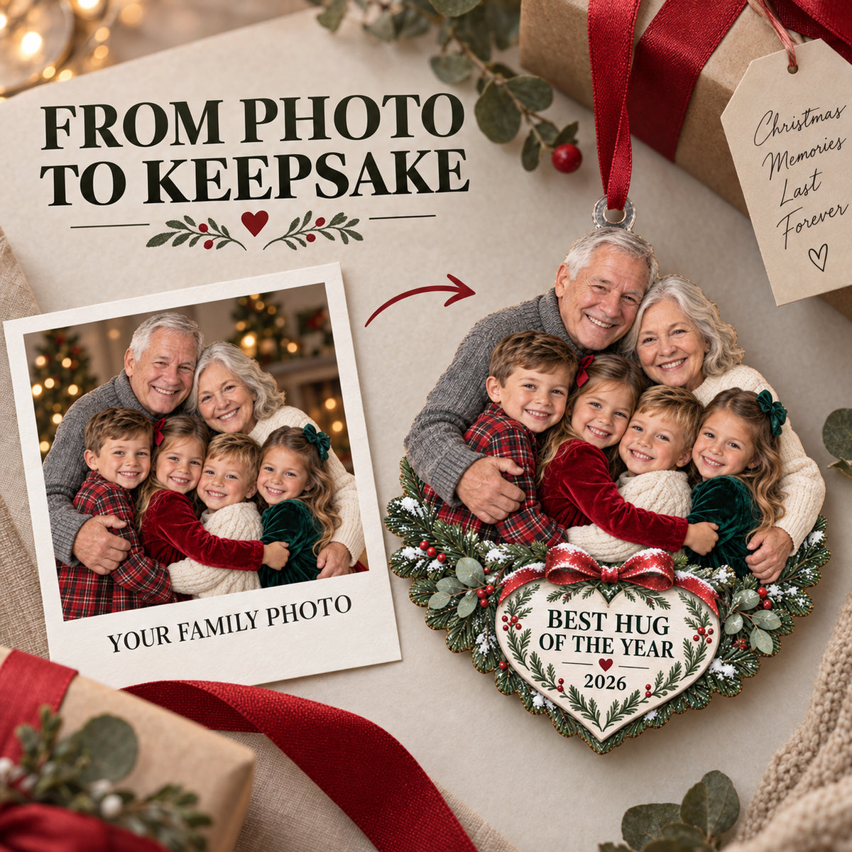 Custom Photo Holiday Hug Pile Acrylic Ornament — Personalization example