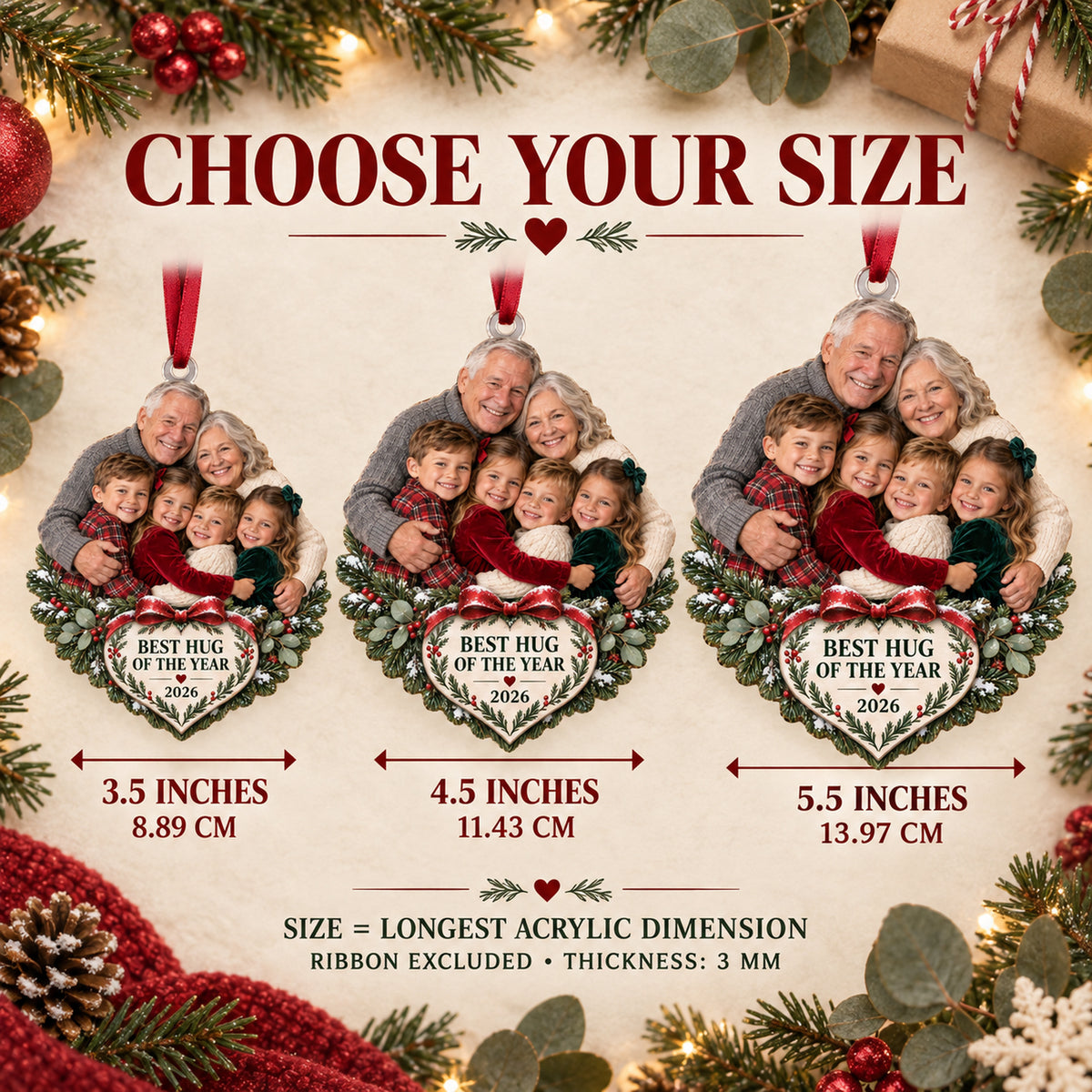 Custom Photo Holiday Hug Pile Acrylic Ornament — Size guide