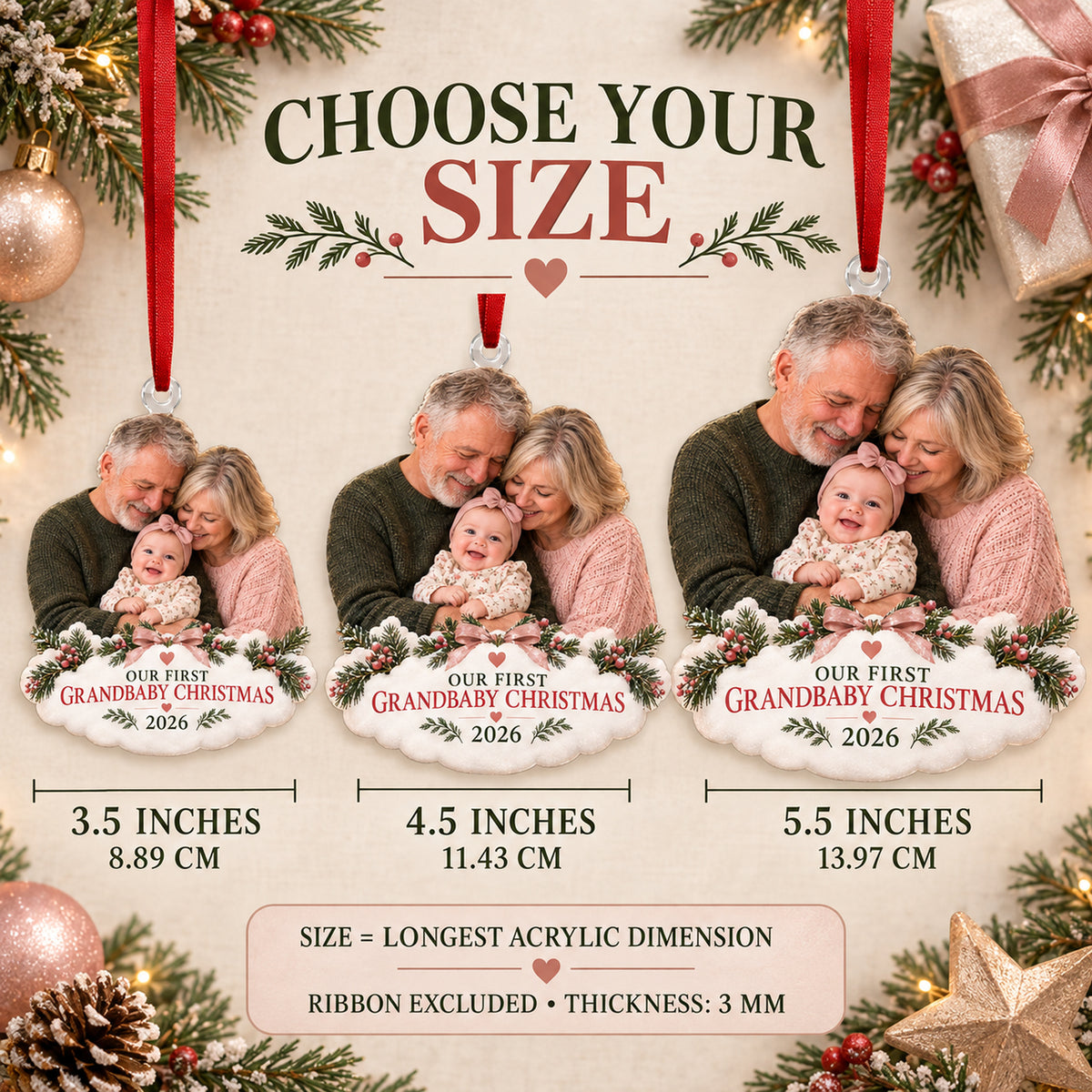 Custom Photo First Christmas as Grandparents Acrylic Ornament — Size guide