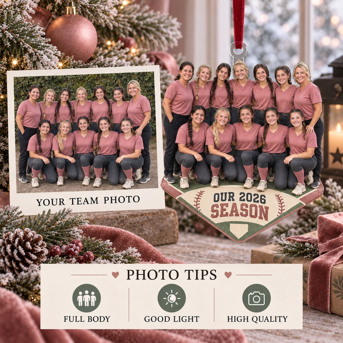 Custom Photo Softball Full Team Season Photo Acrylic Ornament — Personalization guide