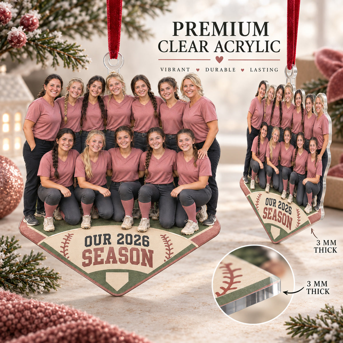 Custom Photo Softball Full Team Season Photo Acrylic Ornament — Flat acrylic material