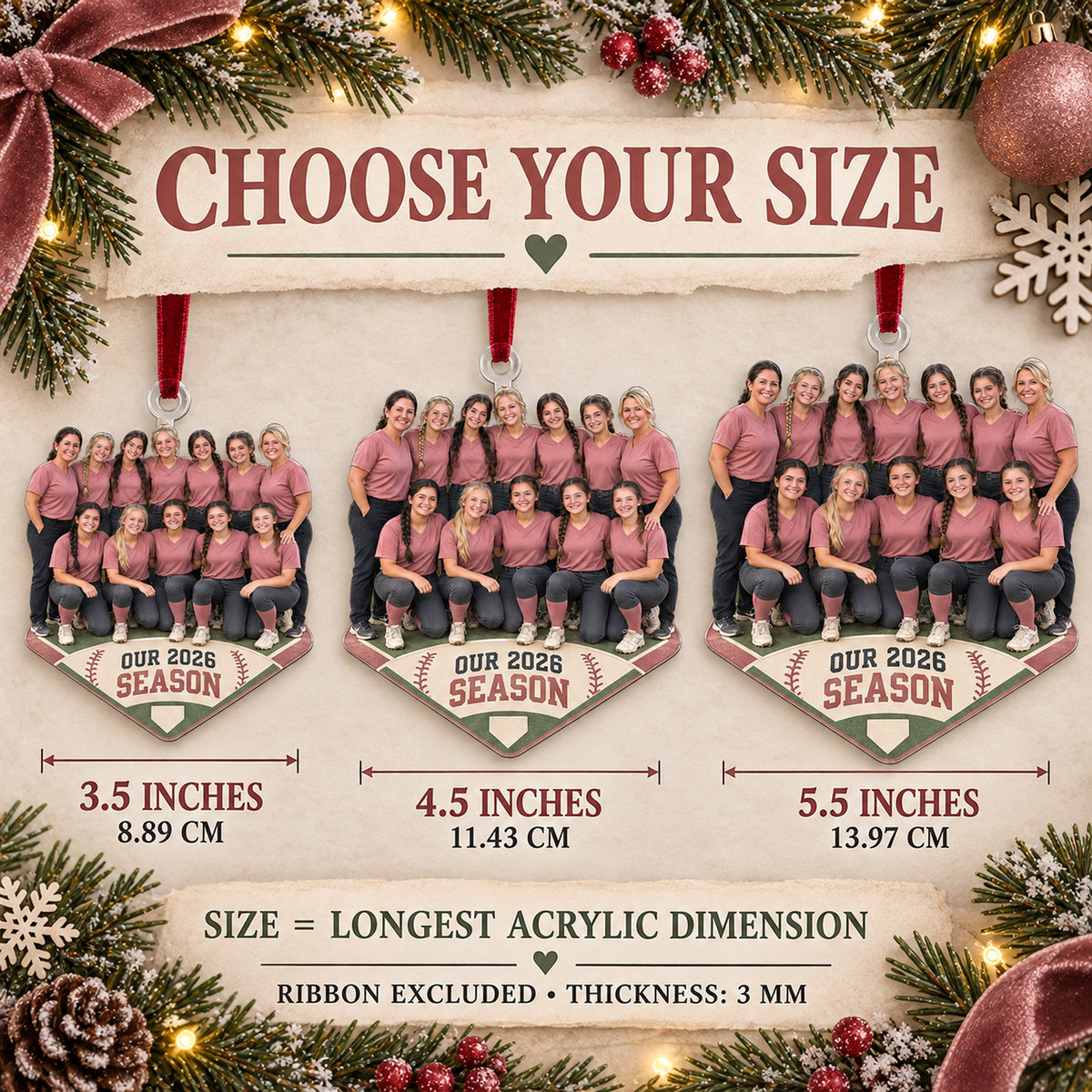 Custom Photo Softball Full Team Season Photo Acrylic Ornament — Size guide