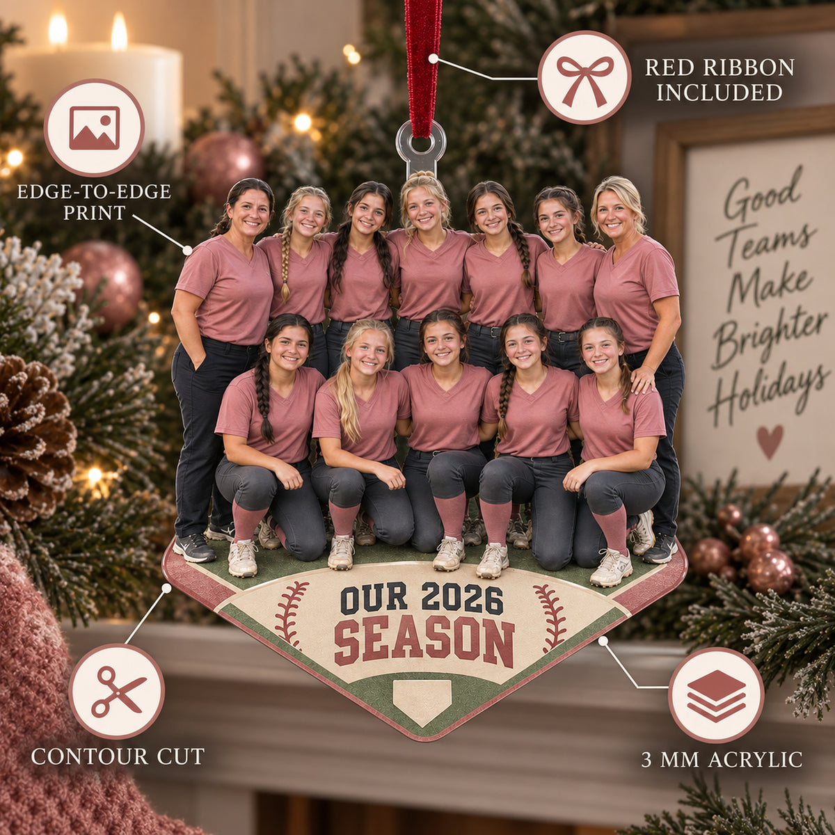 Custom Photo Softball Full Team Season Photo Acrylic Ornament — Product details