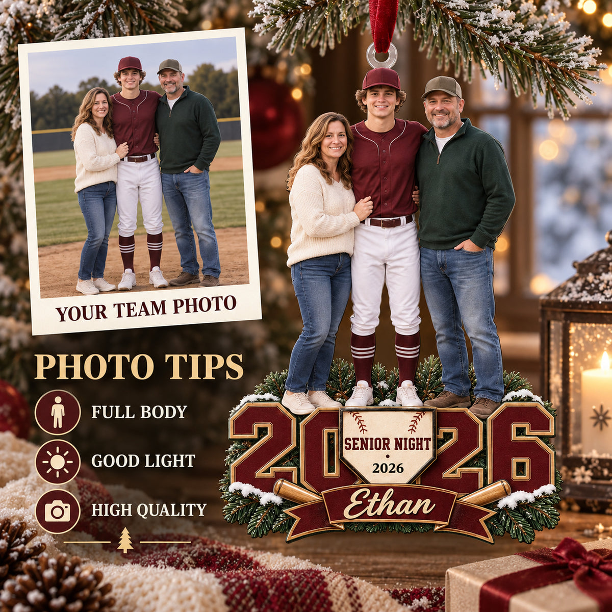 Custom Photo Baseball Senior Night Player and Parents Acrylic Ornament — Personalization guide