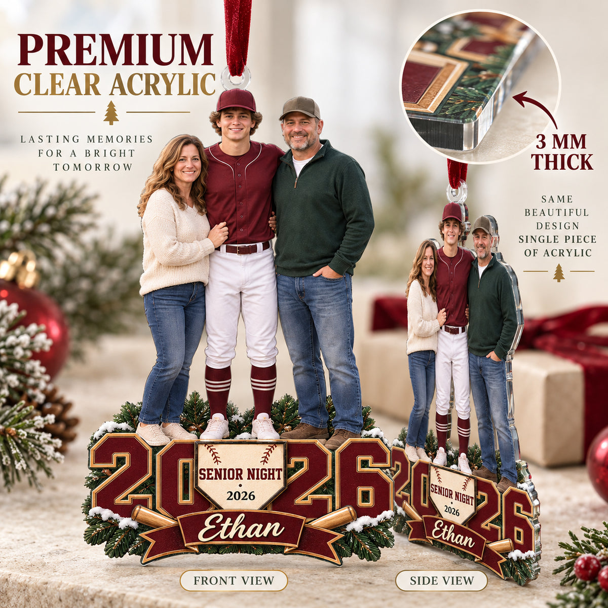 Custom Photo Baseball Senior Night Player and Parents Acrylic Ornament — Flat acrylic material