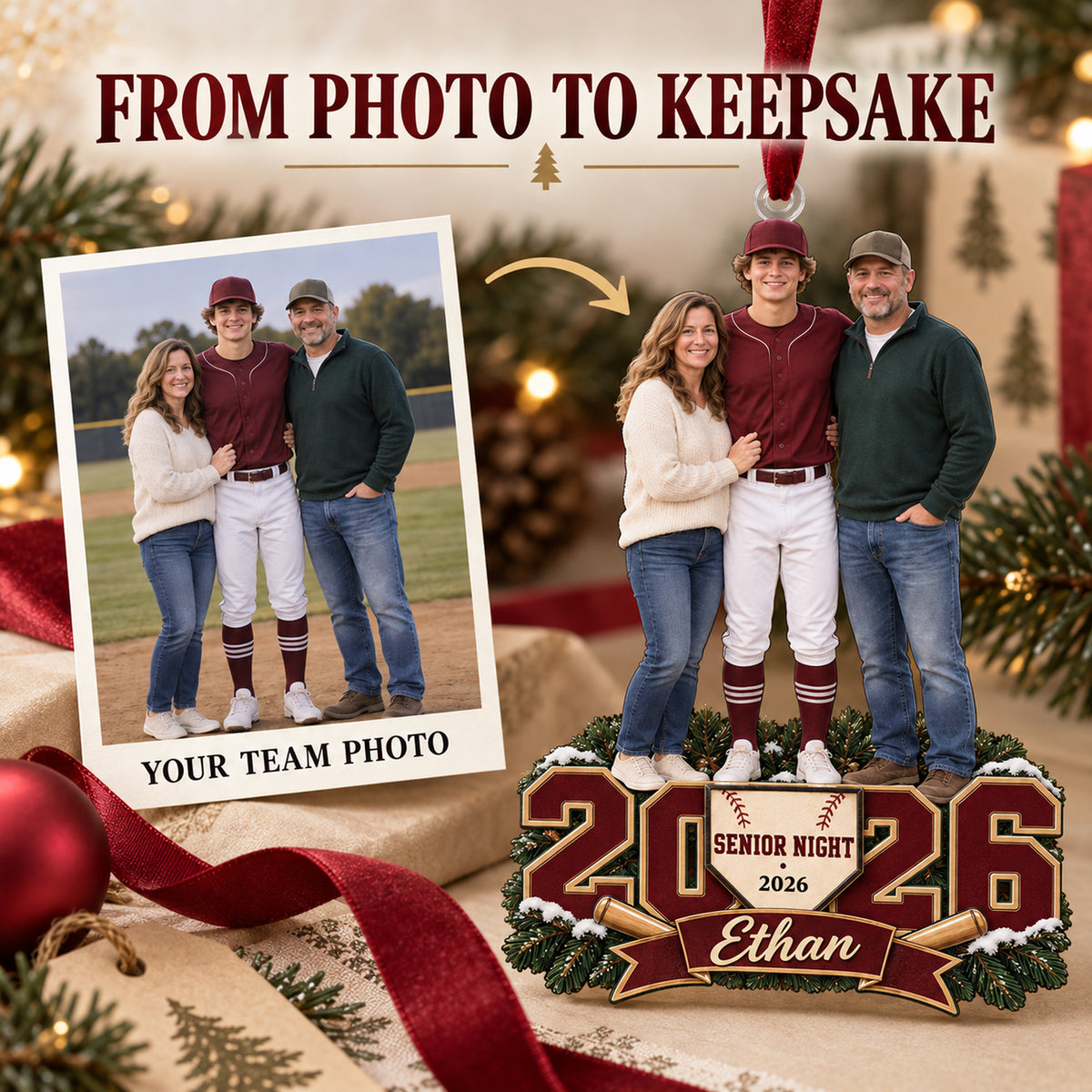 Custom Photo Baseball Senior Night Player and Parents Acrylic Ornament — Personalization example
