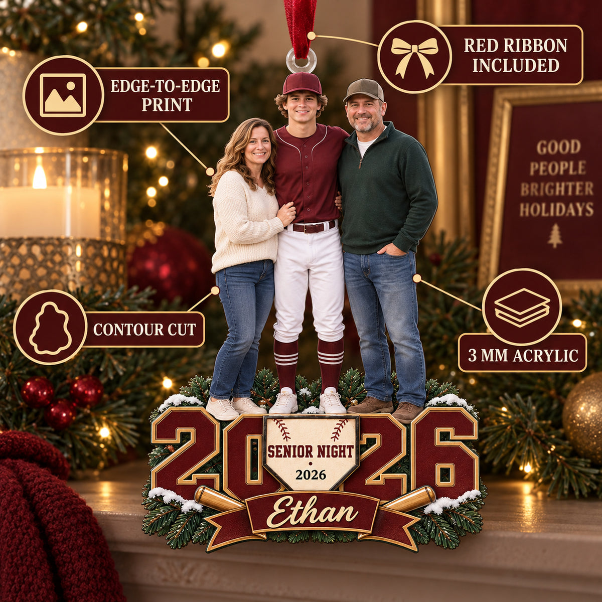 Custom Photo Baseball Senior Night Player and Parents Acrylic Ornament — Product details