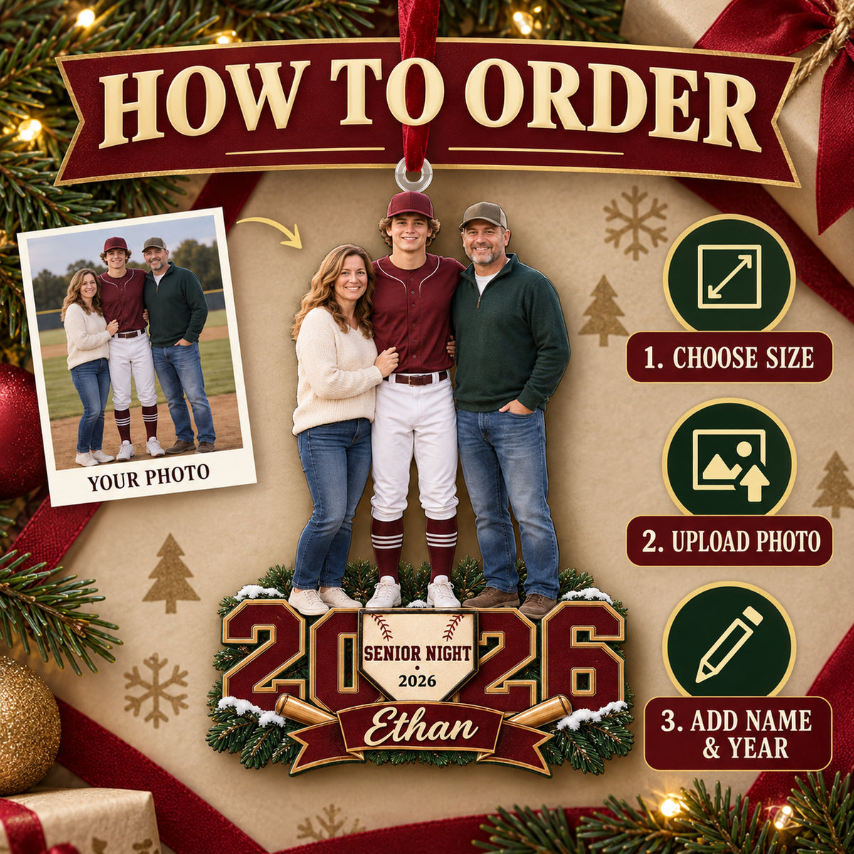 Custom Photo Baseball Senior Night Player and Parents Acrylic Ornament — How to order