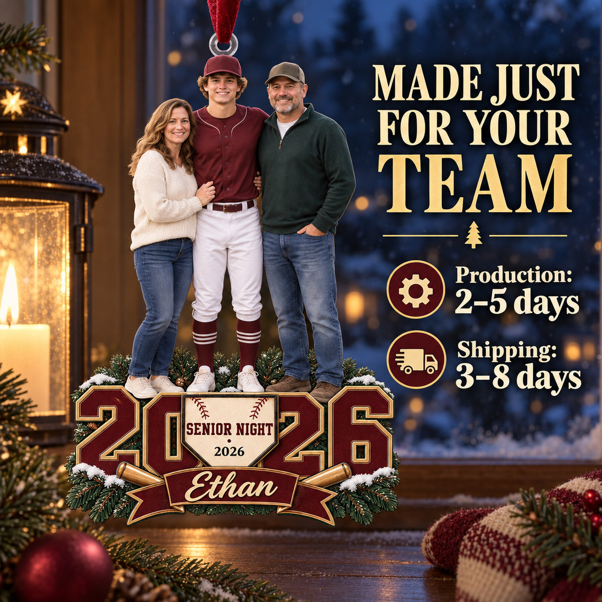 Custom Photo Baseball Senior Night Player and Parents Acrylic Ornament — Production and delivery