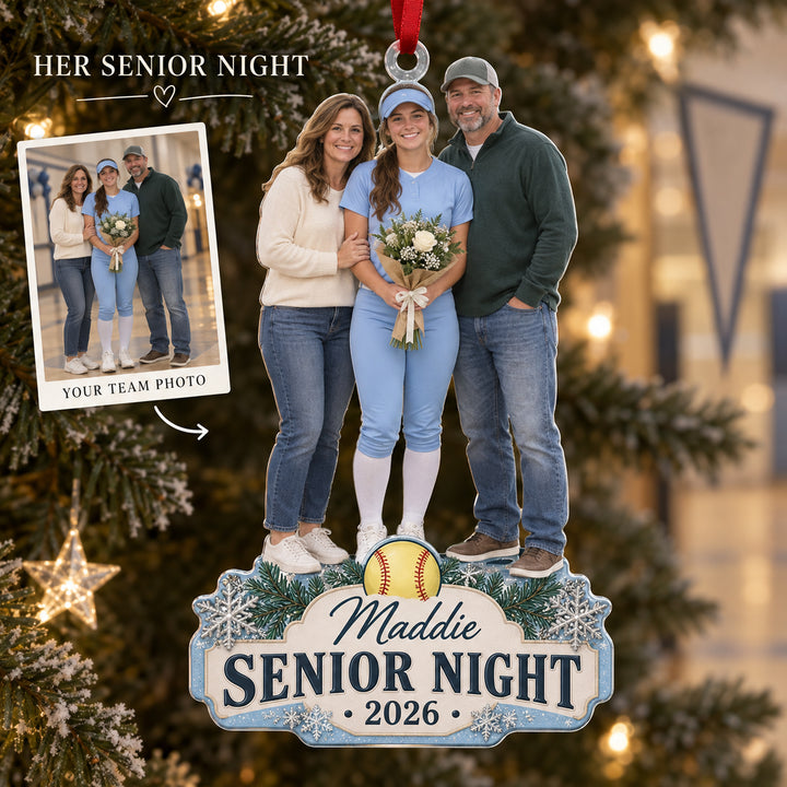 Custom Photo Softball Senior Night Player and Parents Acrylic Ornament — Main design