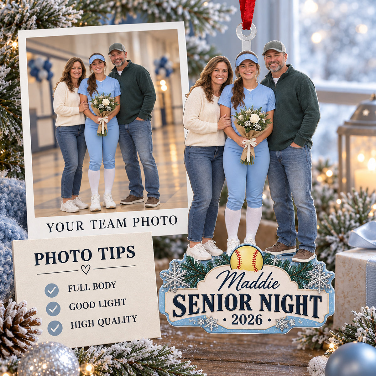 Custom Photo Softball Senior Night Player and Parents Acrylic Ornament — Personalization guide