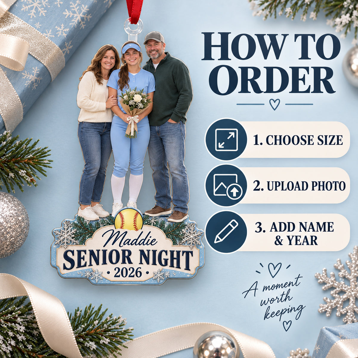 Custom Photo Softball Senior Night Player and Parents Acrylic Ornament — How to order