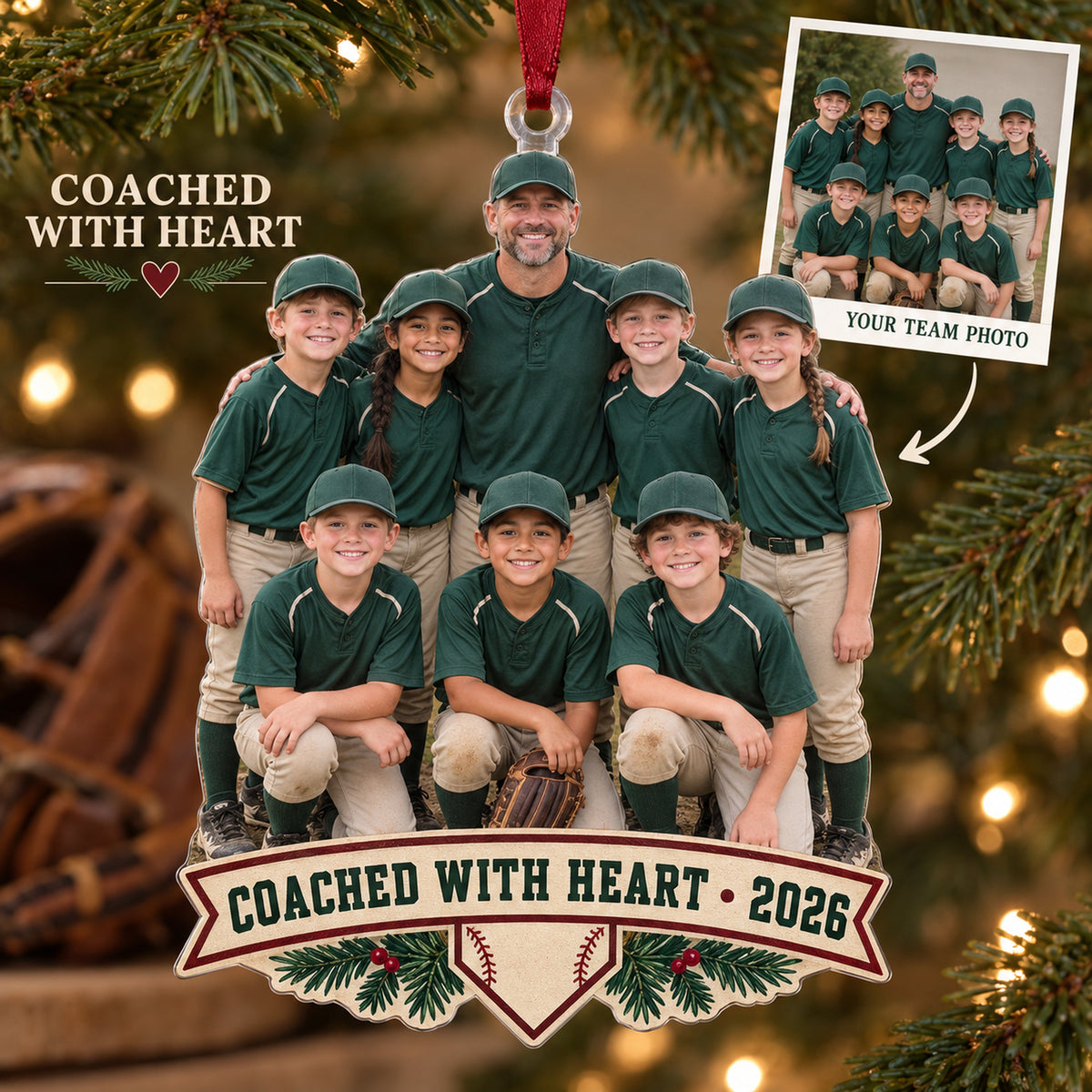 Custom Photo Coach and Team Huddle Acrylic Ornament — Main design