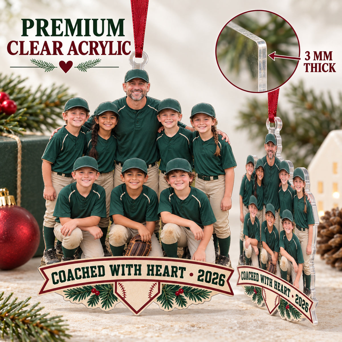 Custom Photo Coach and Team Huddle Acrylic Ornament — Flat acrylic material