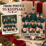 Custom Photo Coach and Team Huddle Acrylic Ornament — Personalization example