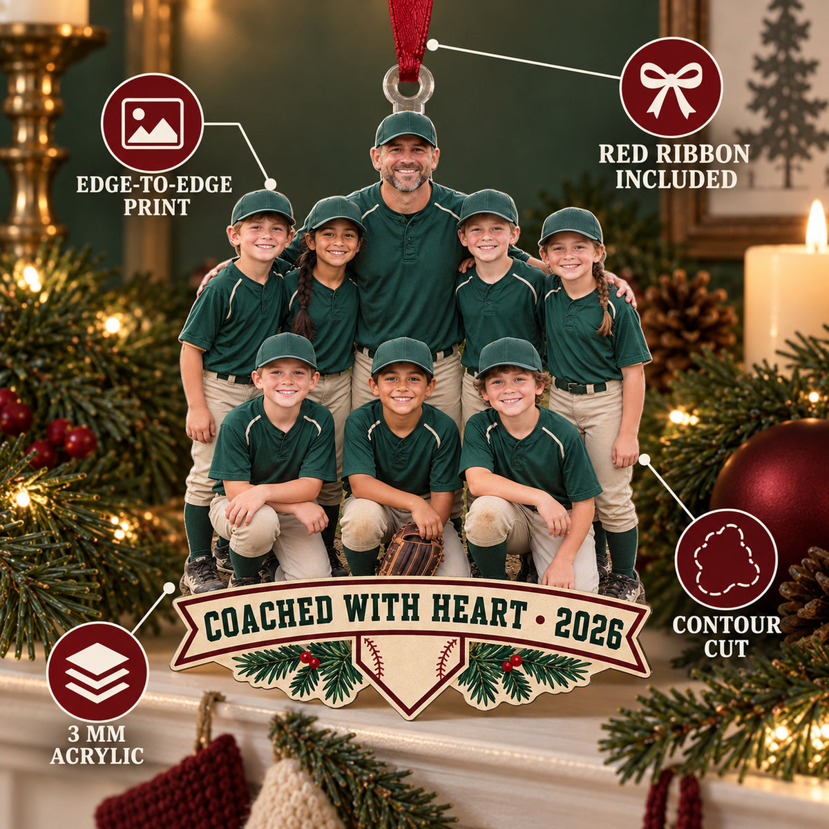 Custom Photo Coach and Team Huddle Acrylic Ornament — Product details