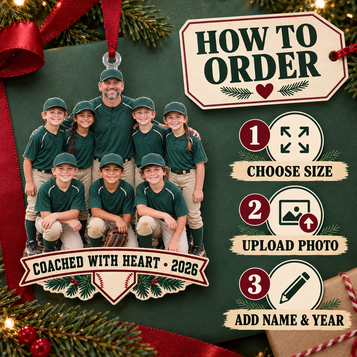 Custom Photo Coach and Team Huddle Acrylic Ornament — How to order