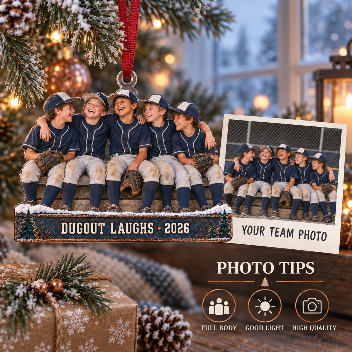 Custom Photo Dugout Laughing Moment Acrylic Ornament — Personalization guide