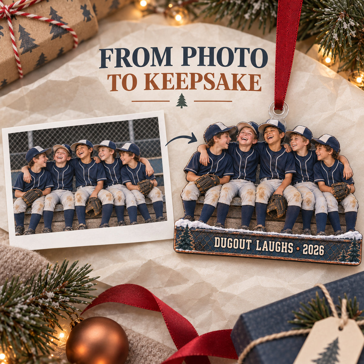 Custom Photo Dugout Laughing Moment Acrylic Ornament — Personalization example
