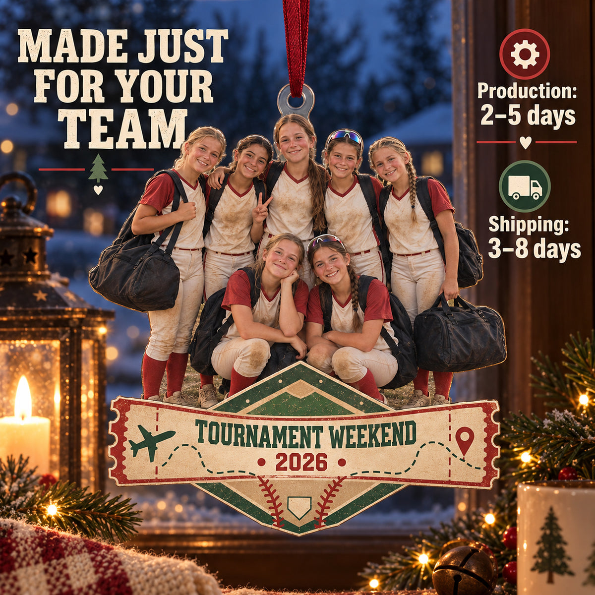 Custom Photo Tournament Weekend Crew Acrylic Ornament — Production and delivery
