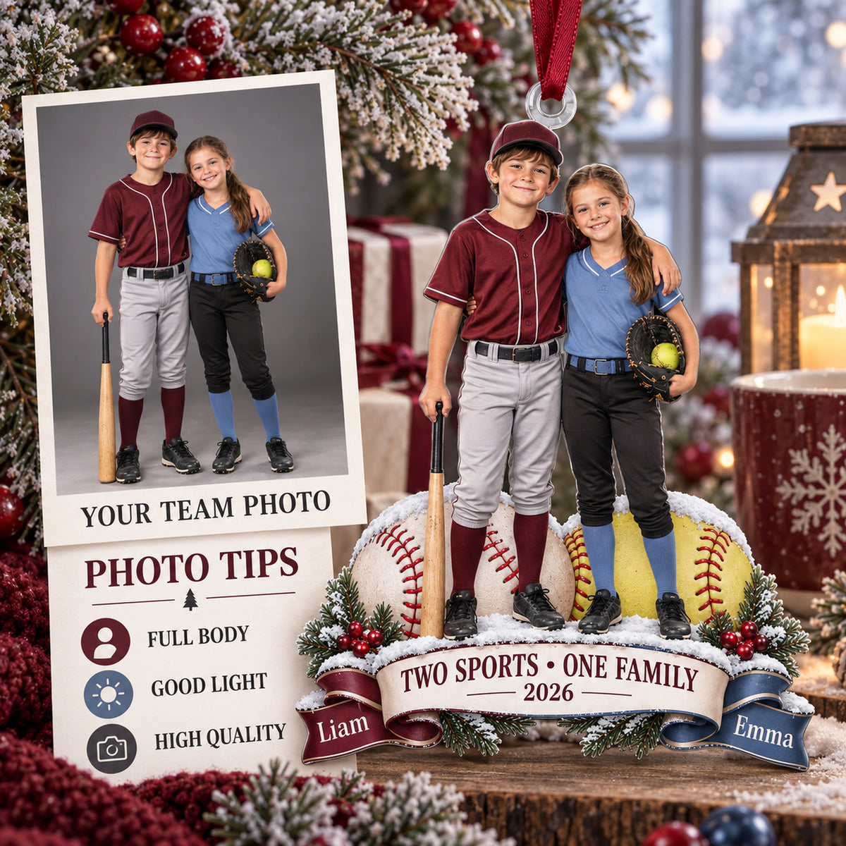 Custom Photo Sibling Baseball and Softball Duo Acrylic Ornament — Personalization guide