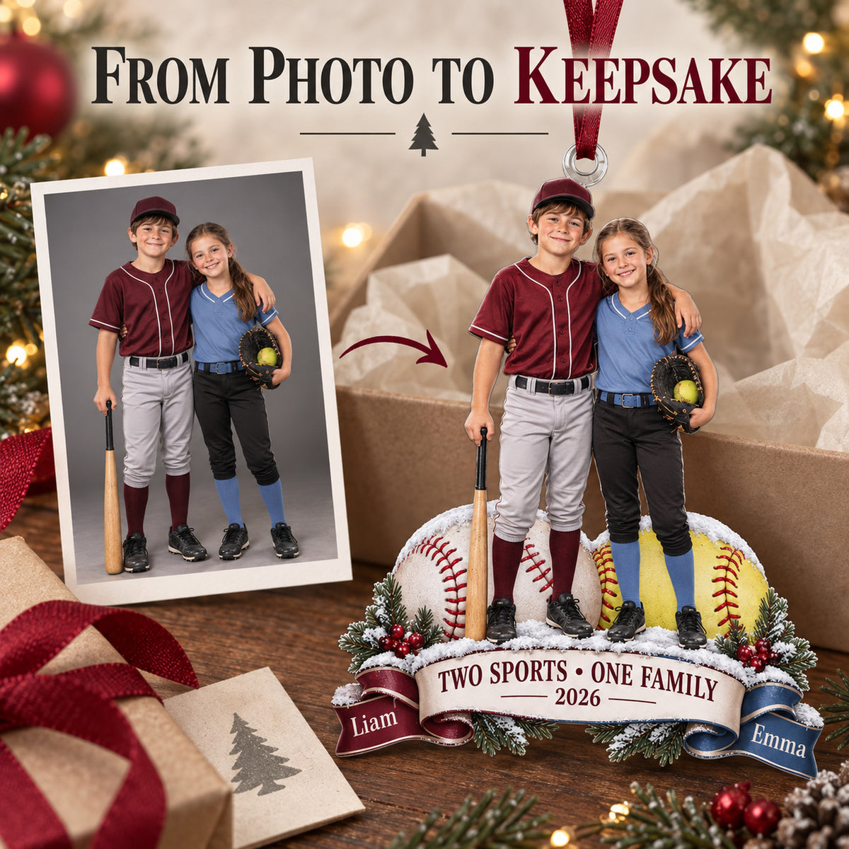 Custom Photo Sibling Baseball and Softball Duo Acrylic Ornament — Personalization example