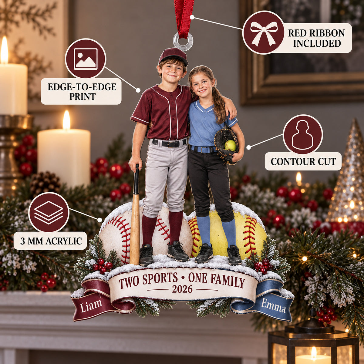 Custom Photo Sibling Baseball and Softball Duo Acrylic Ornament — Product details