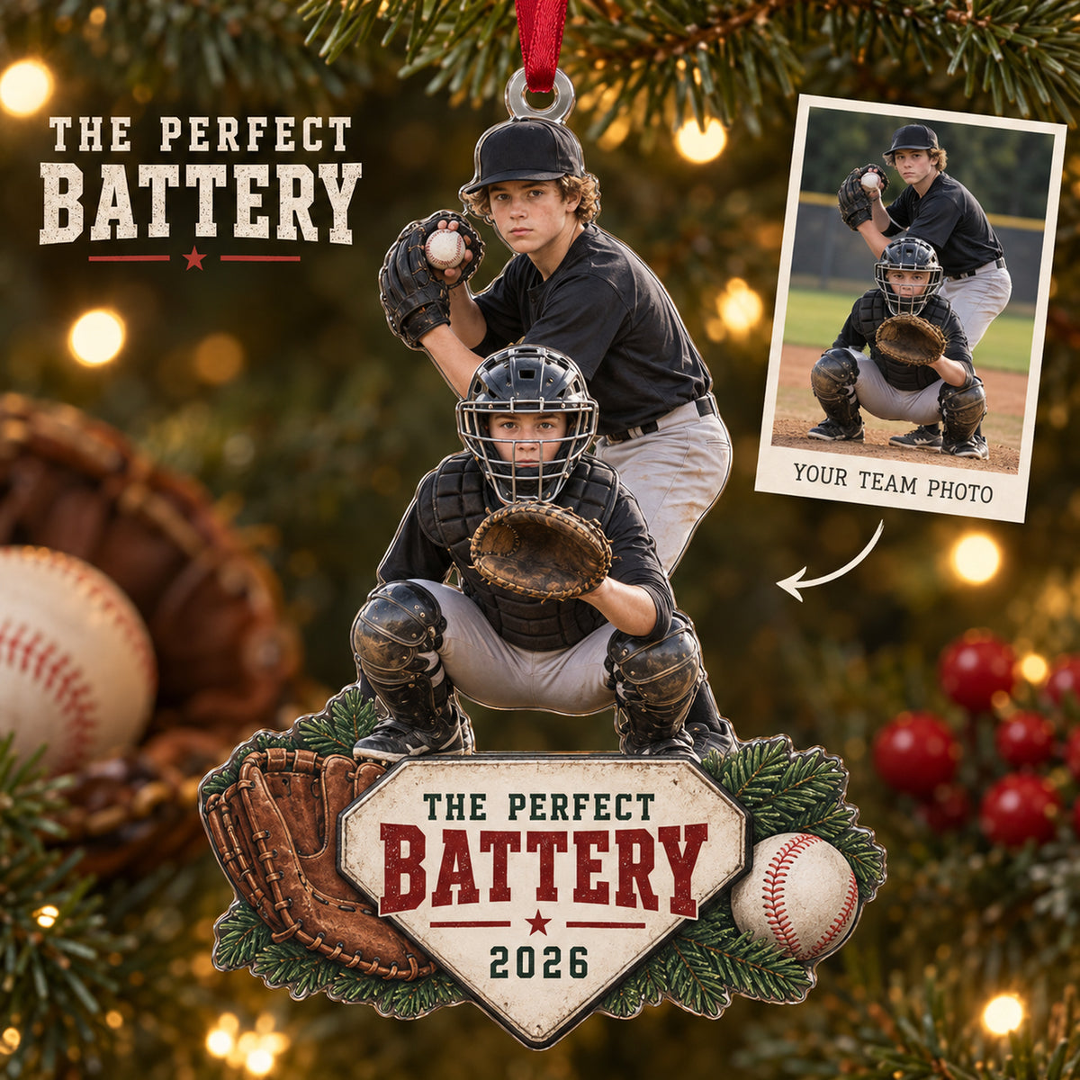 Custom Photo Pitcher Catcher Battery Acrylic Ornament — Main design