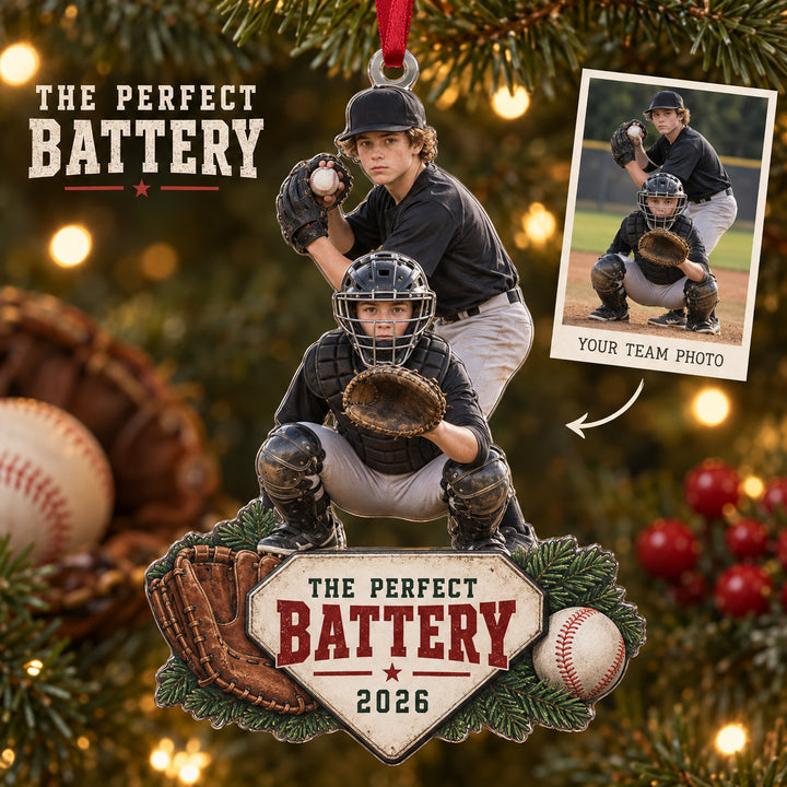 Custom Photo Pitcher Catcher Battery Acrylic Ornament — Main design
