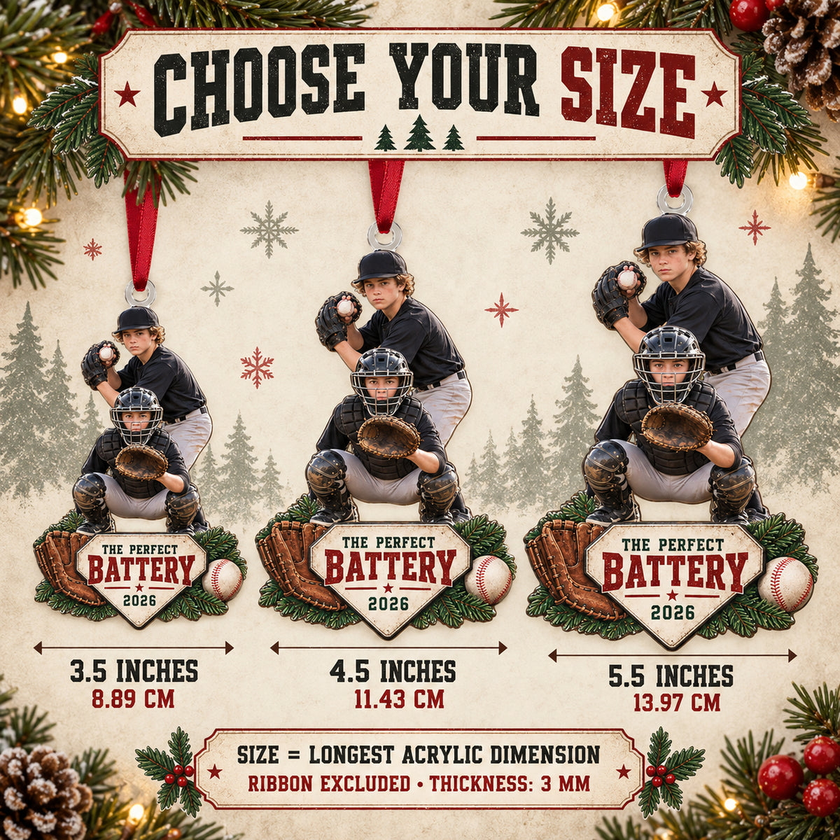 Custom Photo Pitcher Catcher Battery Acrylic Ornament — Size guide