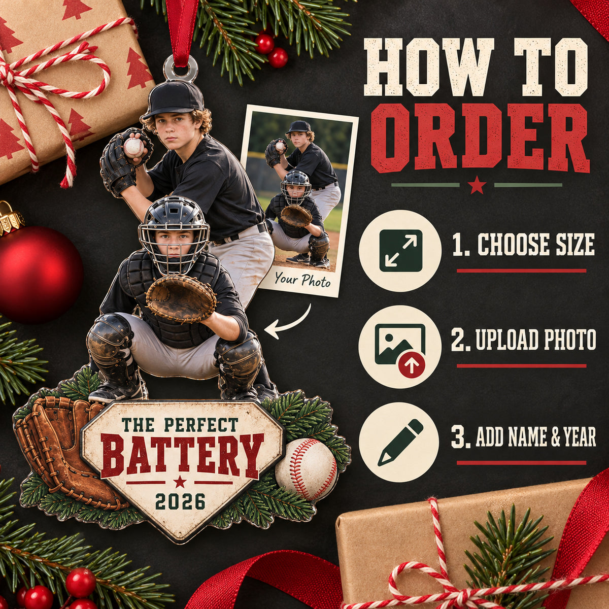 Custom Photo Pitcher Catcher Battery Acrylic Ornament — How to order
