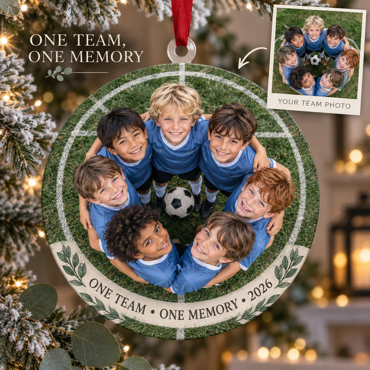 Custom Photo Team Huddle Circle Acrylic Ornament — Main design
