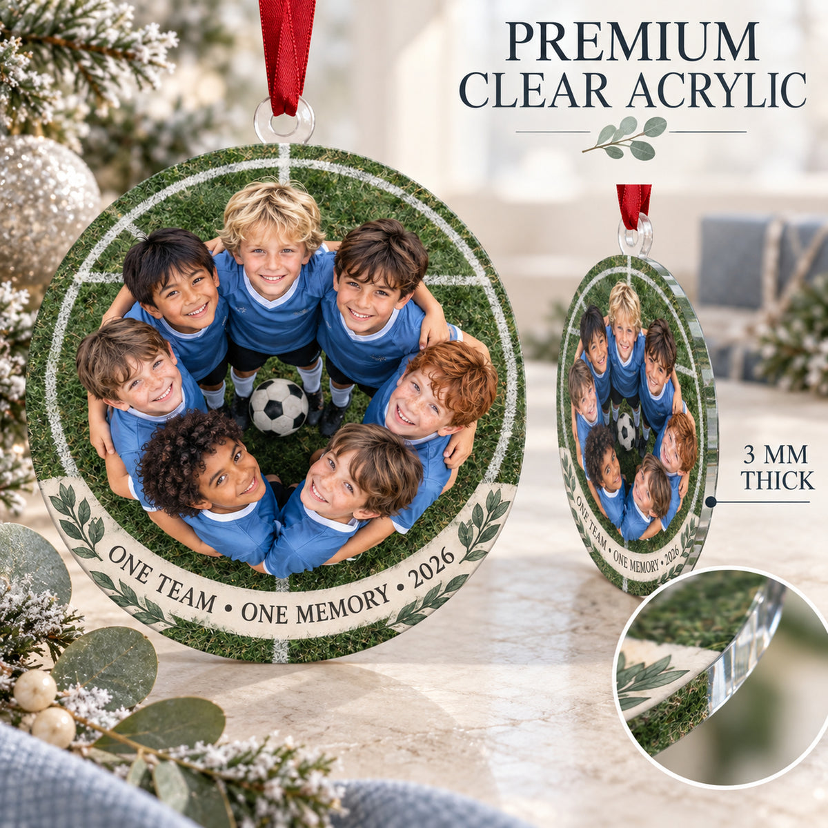 Custom Photo Team Huddle Circle Acrylic Ornament — Flat acrylic material