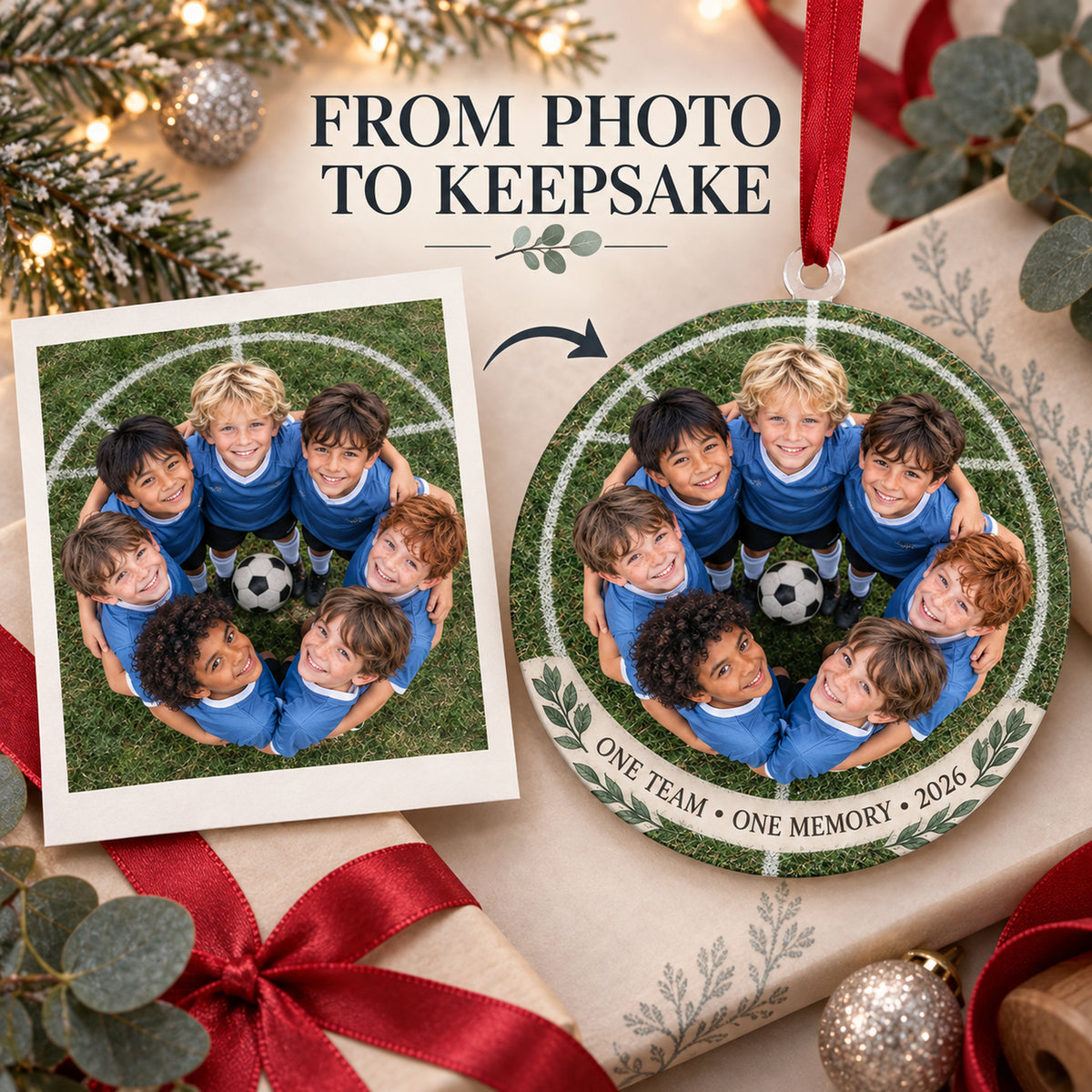Custom Photo Team Huddle Circle Acrylic Ornament — Personalization example