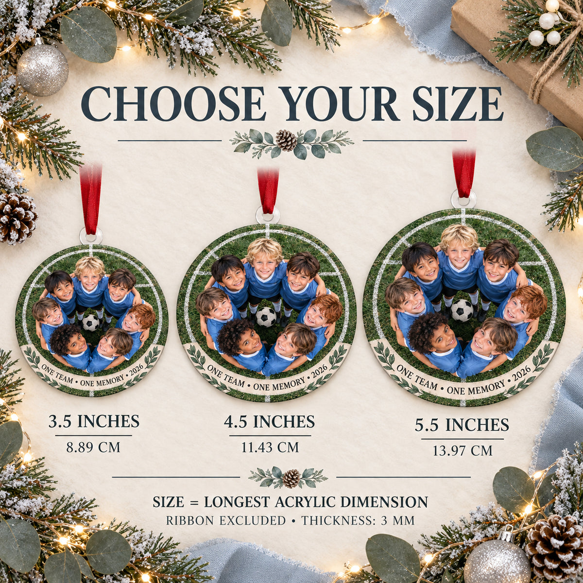 Custom Photo Team Huddle Circle Acrylic Ornament — Size guide