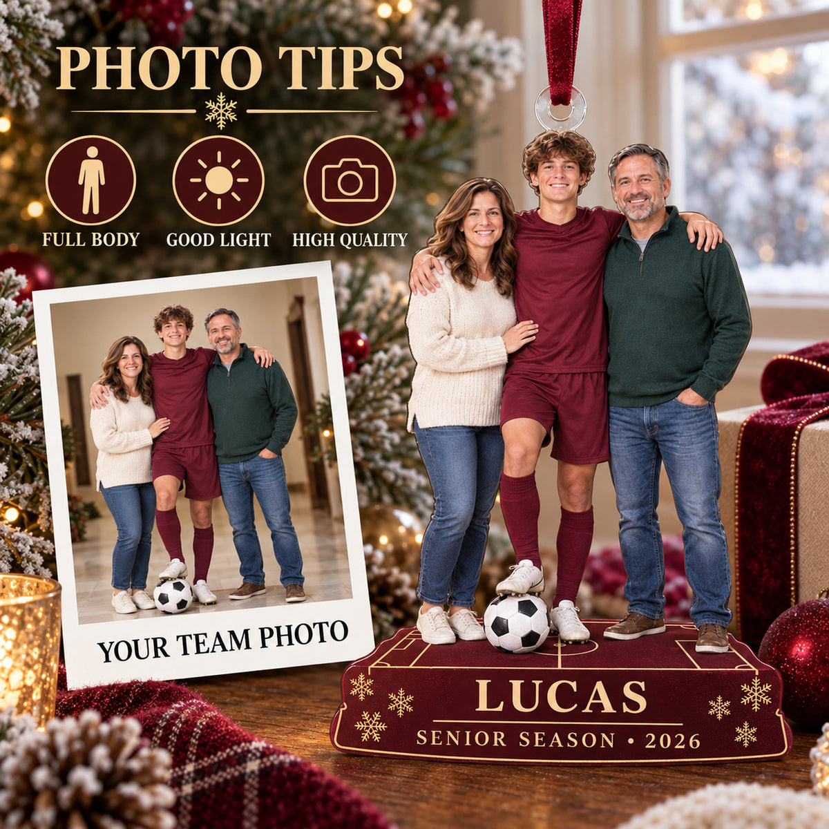 Custom Photo Soccer Senior Night Player and Parents Acrylic Ornament — Personalization guide