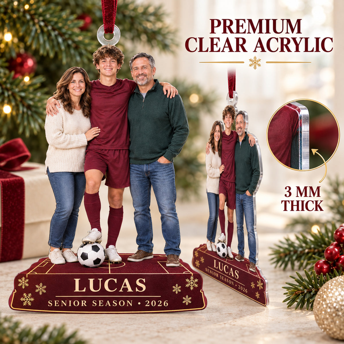 Custom Photo Soccer Senior Night Player and Parents Acrylic Ornament — Flat acrylic material