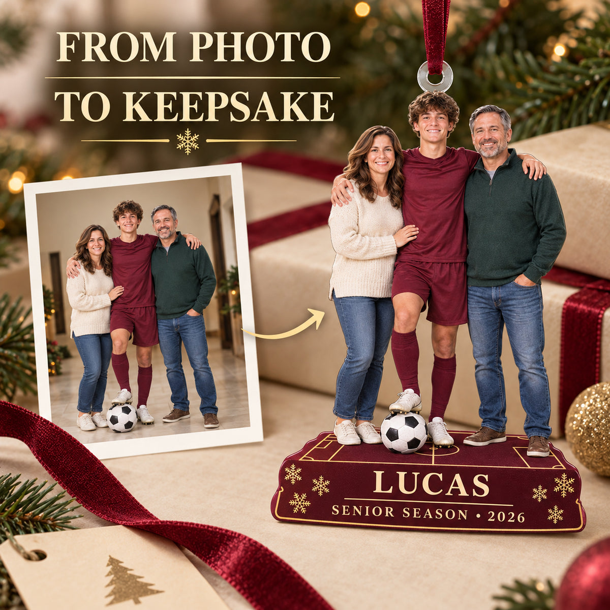 Custom Photo Soccer Senior Night Player and Parents Acrylic Ornament — Personalization example