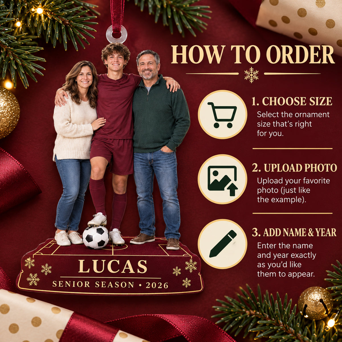 Custom Photo Soccer Senior Night Player and Parents Acrylic Ornament — How to order