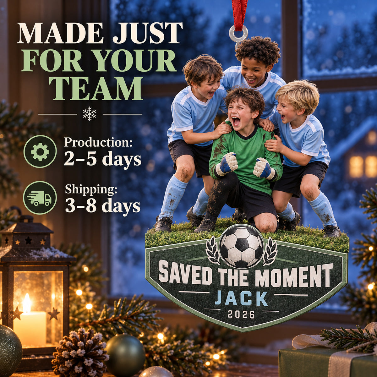Custom Photo Goalie Save Celebration Acrylic Ornament — Production and delivery