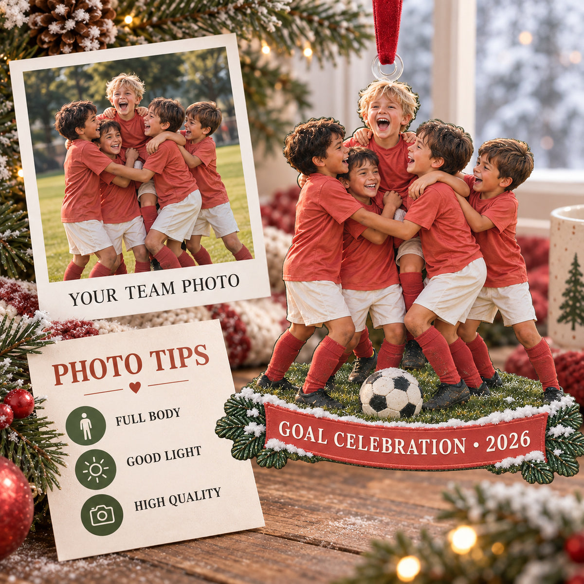 Custom Photo Goal Celebration Group Acrylic Ornament — Personalization guide